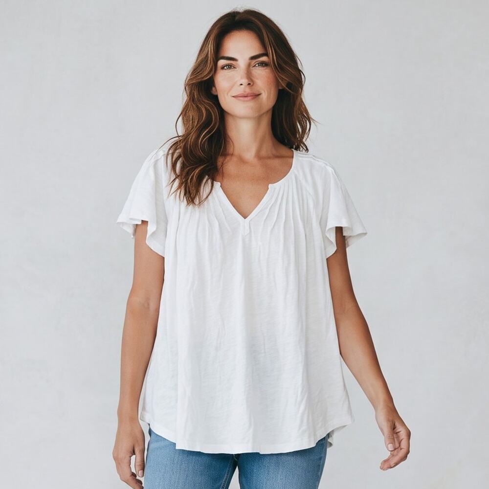 Free People XL Top T-shirt Tee White Flowy Blouse Pleated Ruffle Short Sleeve